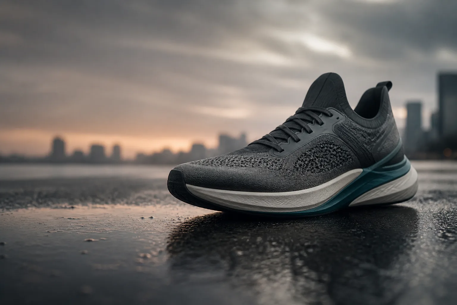Grey performance sneaker on wet asphalt at dawn