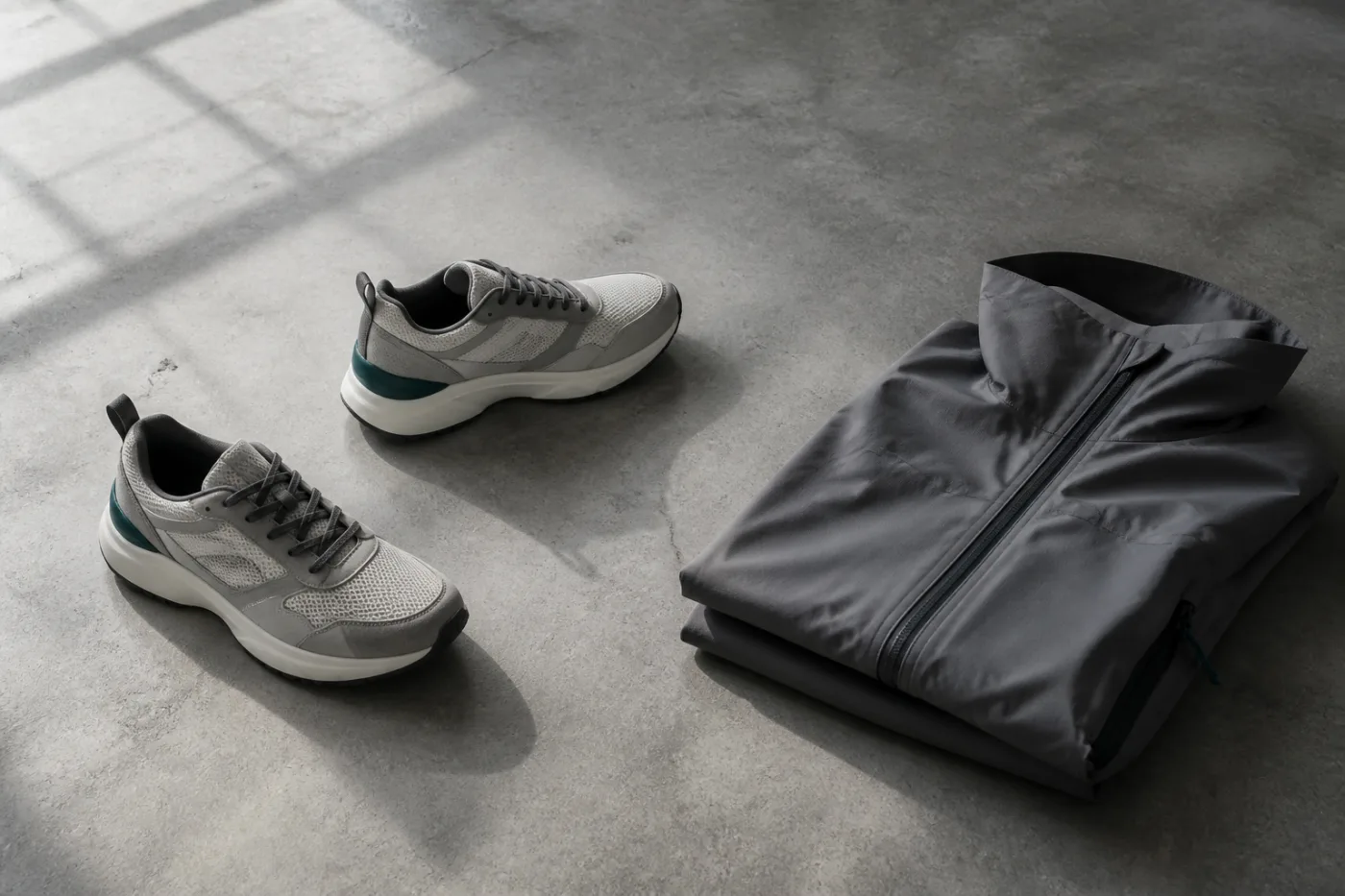 Two sneakers and a folded technical jacket on concrete